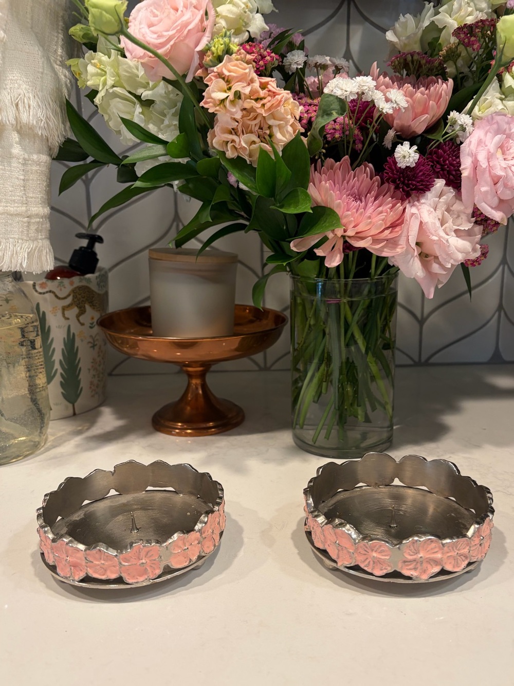 Pair of Pink Floral and Silver Metal Pillar Candle Holder